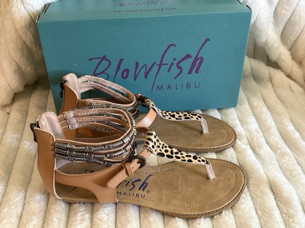 Blowfish Malibu Bombshell Nude Tan Leopard Sandals Beaded Sz 10 with Box